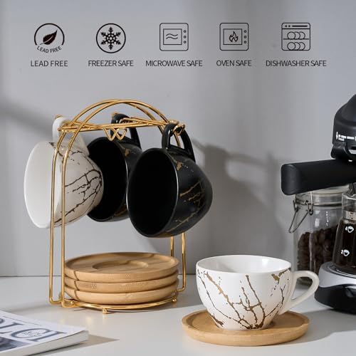 LUKA Ceramic Demitasse Espresso Cups Set with Saucers and Metal Stand, 8 oz Porcelain Stackable Cappuccino Cups Teacup For Tea, Espresso, Latte, Coffee, Cafe Mocha, Set of 4, White & Black