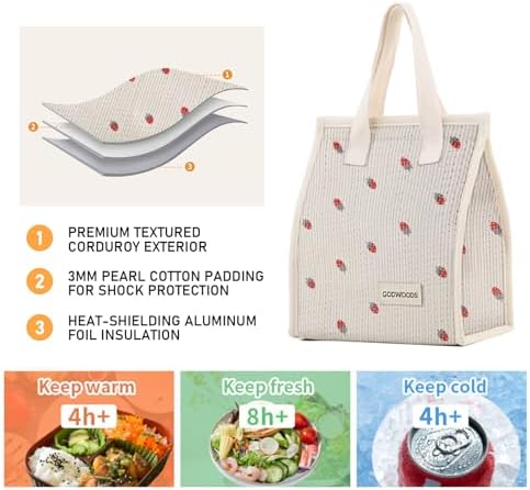 TELLUMO Corduroy Insulated Lunch Bag, 7.75L Large Capacity Reusable Lunch Box, Cute Lunch Tote for Women Men, Leakproof Lunch Cooler for Work Picnic Travel (Corduroy Strawberry)