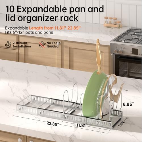 MUDEELA Expandable Pot Pan Lid Organizers inside Cabinet, 10 Divider-Silver