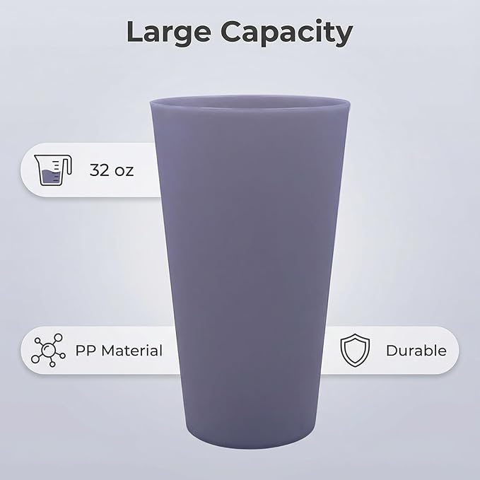 32 oz Plastic Cups Reusable, Unbreakable Plastic Tumblers set of 8, BPA Free Durability & Dishwasher Safe Eco-Friendly Drinks Cup for Kitchen, Home, Office, Outdoor (Grey Stone)