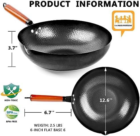 14 Piece Carbon Steel Wok Pan, Woks & Stir-Fry Pans Set with Wooden Lid Cookwares, No Chemical Coated Flat Bottom Chinese Pan for Induction, Electric, Gas, Halogen All Stoves - 12.6''