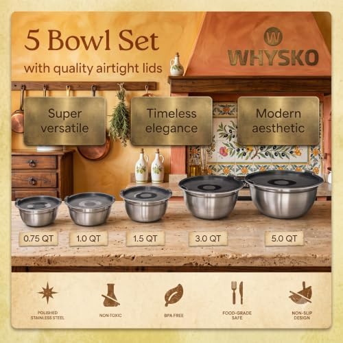 WHYSKO Stainless Steel Mixing Bowls with Lids, 5-Piece Nesting Set
