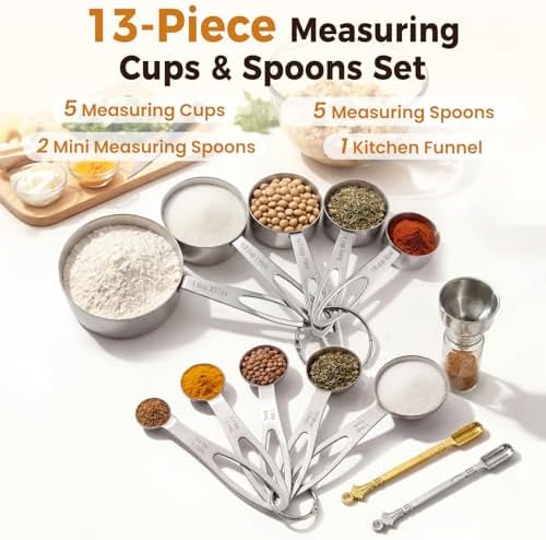 13PCS Stainless Steel Measuring Cups and Spoons Set with Funnel, Stackable Metal Measuring Cup and Spoon Set for Baking Cooking, Dishwasher Safe Kitchen Tools with for Dry & Liquid Ingredients