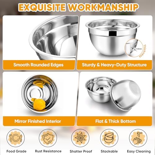 TeamFar Mixing Bowls Set of 5, Stainless Steel Metal Salad Bowls with Lids