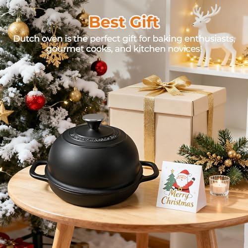 5QT Pre-Seasoned Cast Iron Dutch Oven For Bread Baking, Dutch Oven with Domed Lid, Sourdough Bread Baking Supplies, Multi-Functional Bread Pan For Baking, Frying, Roasting