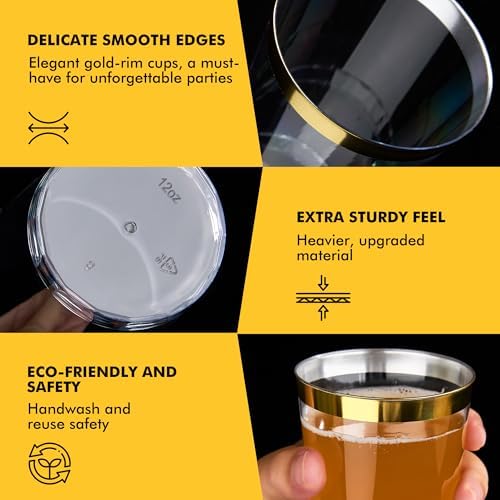 RACETOP 200 Pack 12 oz Gold Rimmed Plastic Cups