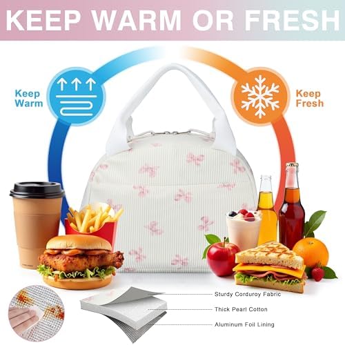 TESAFNG Lunch Bag - Insulated Lunch Box for Women, Reusable Large Capacity Cooler Bag for Adult, Small Leakproof Cute Corduroy Lunch Tote for Work Office Travel Picnic (Pink Bow)