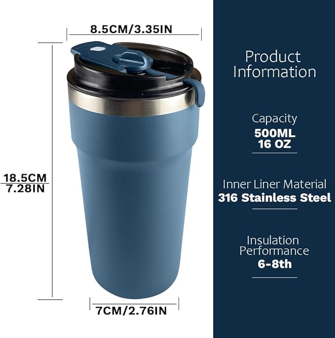 Travel Coffee Mugs Leak-Proof, Reusable Coffee Cups with Lids, Stainless Steel Vacuum Insulated Coffee Tumblers, Thermal Insulation Cups for Men and Women Hot & Cold Drinks(4th-Blue, 16OZ)
