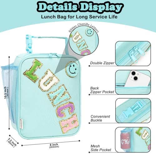 FlowFly Lunch box Insulated Soft Bag Mini Cooler Back to School Thermal Meal Tote Kit With Buckle and Mesh Side Pocket for Girls, Boys, GreenWithLetter