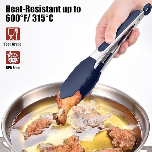 Doosu Kitchen Tongs with Silicone Tips for Cooking Serving (9in, Navy Blue)