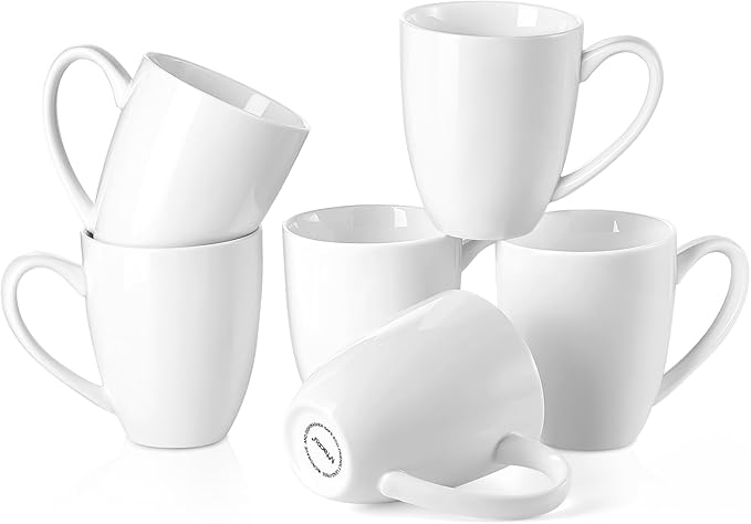 Mfacoy Porcelain Coffee Mugs Set of 6, 13 Ounce Coffee Cups with Handle, Ceramic Tea Mugs for Latte, Hot Tea, Cappuccino, Mocha, Cocoa, Mug Gift Set, Dishwasher and Microwave Safe, White