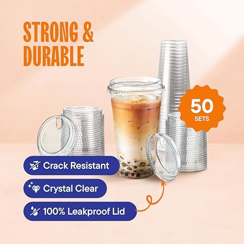 24 oz Clear Plastic Cups with Strawless Sip-Lids [50 Sets] PET Crystal Clear Disposable 16oz Plastic Cups with Lids - Crystal Clear, Durable Cup - BPA Free + Crack Resistant, for Coffee, Juice, Shakes