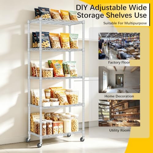 REGILLER 5-Wire Shelving Metal Storage Rack Adjustable Shelves,Standing Storage Shelf Units for Laundry Bathroom Kitchen Pantry Closet(Silver,11.8" D x 21.2" W x 55" H,With Wheels)
