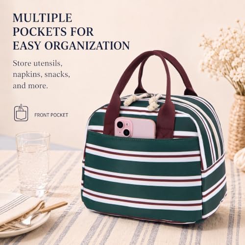 LOVELYWIND Lunch Box for Women, Insulated Lunch Bag, Green Striped Tote