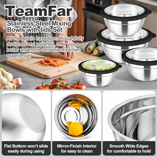 TeamFar Mixing Bowls Set, Stainless Steel Salad Bowl with Lids, Black