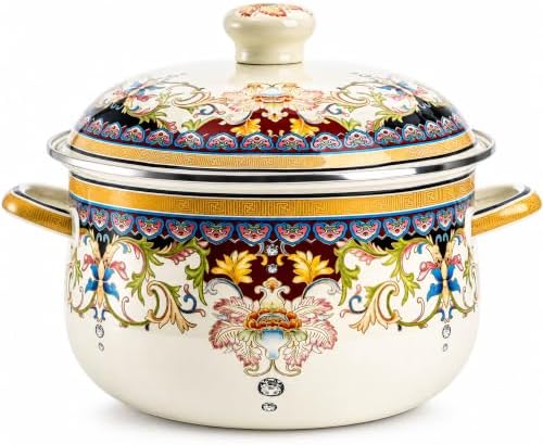ZENFUN Kitchen Enamel Stockpot with Lid, 3.7 Quart Vintage Nonstick Steamer Pot, Thicken Large Soup Pot with Handles Retro Flower Cooking Stew Bean Pot, Safe for Induction Cookers