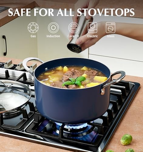 KOCH SYSTEME CS 6 Quart Nonstick Stock Pot with Lid, 6 QT Nonstick Ceramic Stockpot with Stay-Cool Handles, Induction Cooking Pot for Soups, Casserole, Soup Pot, Even Heating, Oven Safe, Gradient Blue