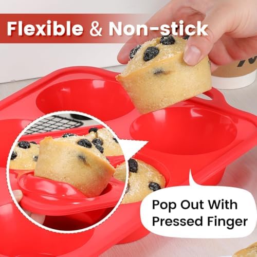 CAKETIME Jumbo Muffin Pan, 3.5 Inch Large Muffin Pan with Metal Reinforced Frame 6 Cup Silicone Jumbo Cupcake Pans for Baking Easy to Handle 2 Pack Red