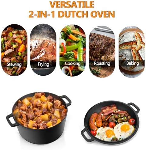 P&P CHEF 2 In 1 Black Dutch Oven Pot with Lid for Bread Baking, 5Qt