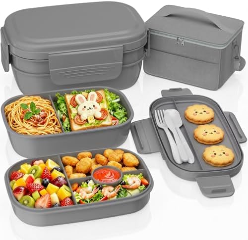 Adults Bento Lunch Box Set with Lunch Bag for Work, Dining Out（Grey）