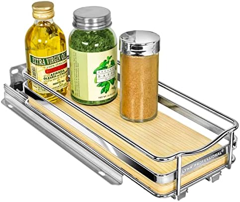 LYNK PROFESSIONAL® Élite™ Pull Out Spice Organization for Cabinets - 4-3/8 inch Wide – Spice Rack for Inside Cabinets – Wood/Chrome - Sliding Spice Rack Organizer for cabinet – Spice Rack - 1 Tier