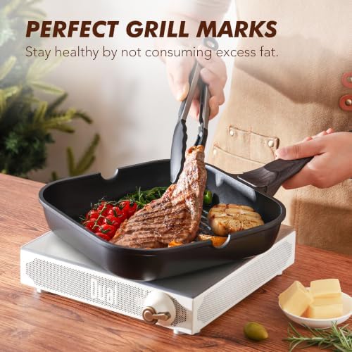 SENSARTE Nonstick Grill Pan with Lid, Grill Pan for Stove Tops, Versatile Griddle with Pour Spouts, Square Big Cooking Surface, Durable Skillet Indoor & Outdoor Grilling. PFOA Free