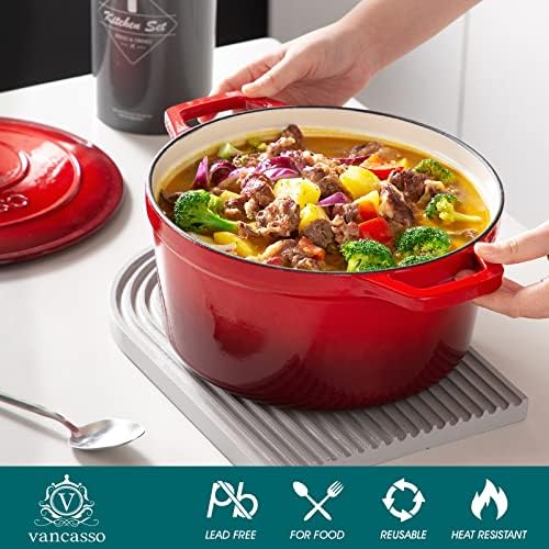 vancasso 6 Qt Round Enameled Cast Iron Dutch Oven with Lid & Handles, Red