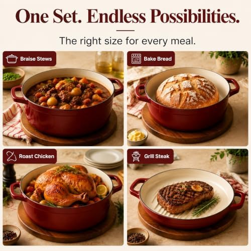 Enameled Cast Iron Dutch Oven Set - 4-Piece 1.3/2.6/4.8Qt Pot with Lids