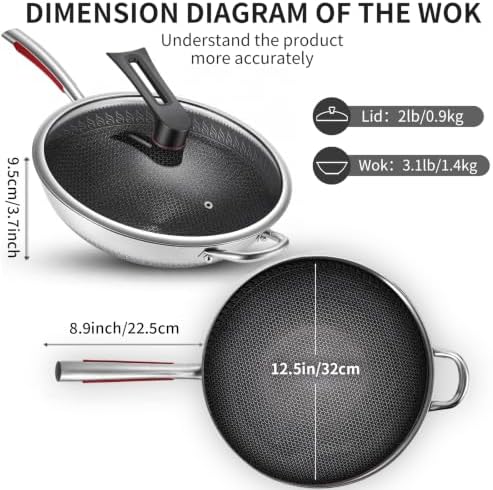 12.6-Inch Stainless Steel Wok Pan with Glass Lid - Tri-Ply Nonstick Wok & Stir-Fry Pan, PFOA Free Uncoated Cookware for All Cooktops, Induction Compatible, Flat Bottom