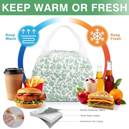 TESAFNG Lunch Bag - Insulated Lunch Box for Women, Reusable Large Capacity Cooler Bag for Adult, Small Leakproof Cute Corduroy Lunch Tote for Work Office Travel Picnic (Corduroy Green-Flower)