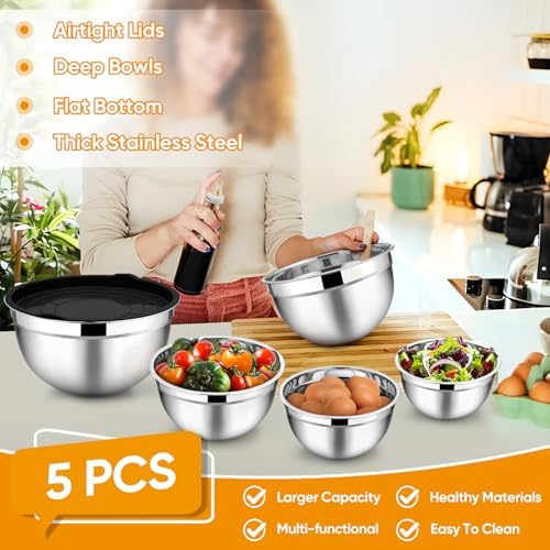 TeamFar Mixing Bowls Set of 5, Stainless Steel Metal Salad Bowls with Lids