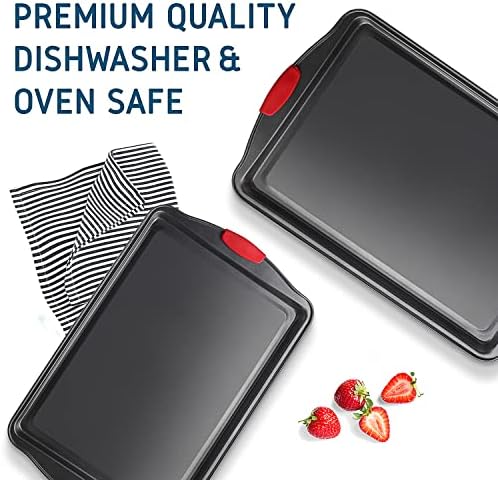 Eatex Nonstick Baking Sheet Set, 2-Piece Baking Pans Set with Silicone Handles, Carbon Steel Cookie Sheets for Baking Commercial Grade Quality Oven Tray, Jelly Roll/Quarter Sheet Pans for Baking