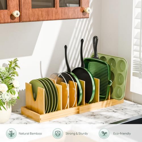 Simple Trending Bamboo Pot and Pan Organizer, Expandable Lid Holder Rack