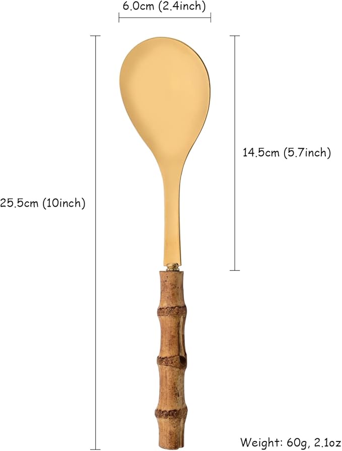 Serving Spoons Set of 2, 10.0" Stainless Steel Serving Spoons with Natural Bamboo Handle, Gold Large Serving Utensils of Spoons, Big Ladle for Buffet, Party, Banquet, Kitchen, Tablespoons Flatware