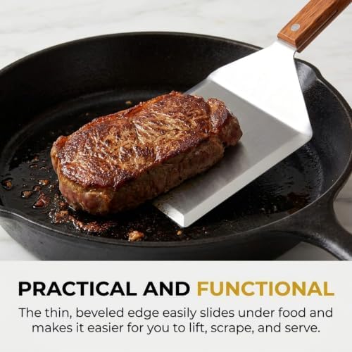 Extra Wide Spatula with Beveled Edges, Oversized Stainless-Steel Spatula with Wood Handle for Skillets, Griddles & Pancake Flipper for Burgers, Omelet, and Versatile for Culinary Task, 6 x 5-inches