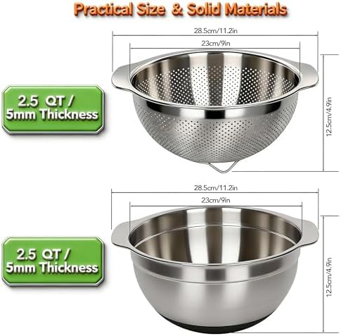 304 Stainless Steel Colander, 2.5 QT Capacity and 2.5 QT Mixing Bowl, Micropore Strainer for Washing Rice, Fruit, and Veggies, Perfect Draining for Cooked Pasta