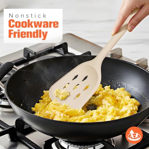 Silicone Spatula Set of 2 Pack, Heat Resistant Solid&Slotted Turner (KHAKI)