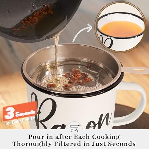 Ayerphalo 24oz Enamel Bacon Grease Container with Strainer, Farmhouse White