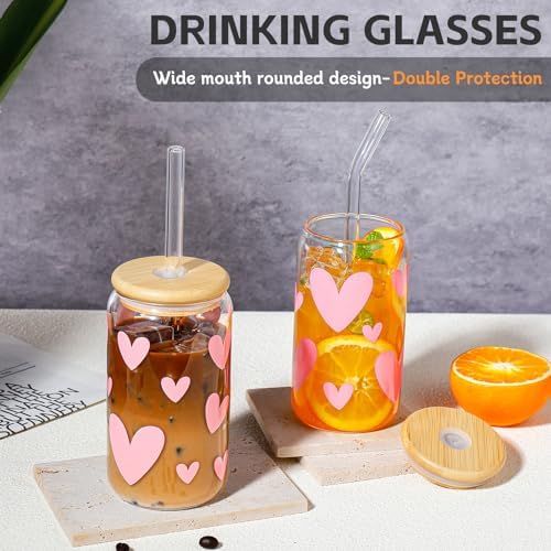 DWTS DANWEITESI Glass Cups with Lids and Straws with Design Pink Hearts 4 pcs,Clear Glass Cups 16 oz-Glass Tumbler,Cute Glass Iced Coffee Cups with Lids and Straws 480ml