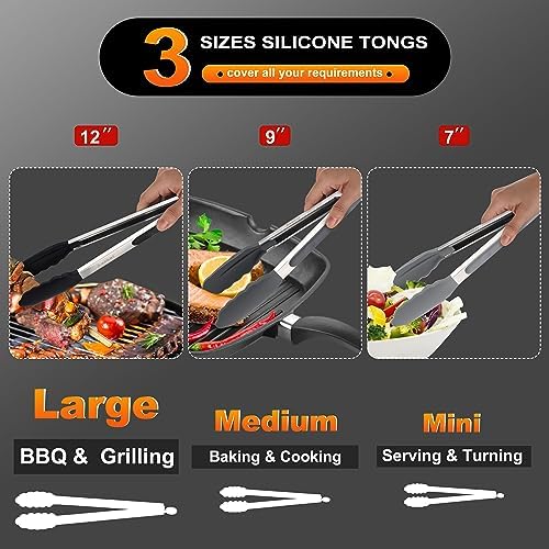 Anaeat Non-Stick Silicone Locking Tong Set of 3 - Stainless Steel 7, 9 and 12 inch Kitchen Food Tongs with Non-Slip Silicone Tips and Grip for Cooking, Baking and BBQ - Heavy Duty & Heat Resistant