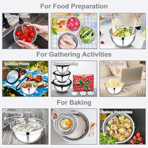 E-far Mixing Bowls with Lids and Graters, Stainless Steel Salad Mixing Bowl with Transparent Lid Set of 3, Metal Nesting Salad Storage for Kitchen Prepping/Serving/Baking, 4.6/2.6/1.5QT - Black