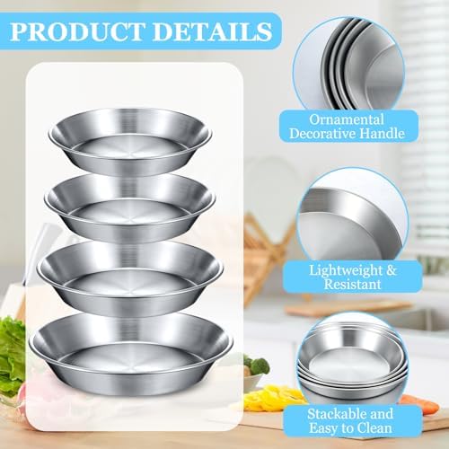 4 Pcs Stainless Steel Pie Pan Set 7.87",8.66",9.45",10.24" Pizza Pan Deep Pie Dish Pie Plate Baking Tray Dishes for Pizza Baking Serving Oven Grill, 4 Sizes