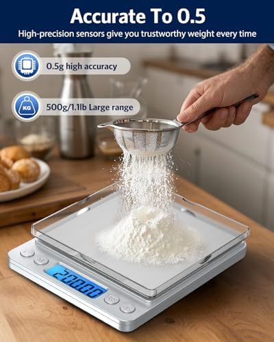 Digital Food Scale 500g/0.01g Gram Scale, Upgraded Mini Pocket Scale with 6 Units, 2 Trays, Auto Off, Tare, PCS for Food, Jewelry, Coin, Coffee (2 AAA Batteries Included)