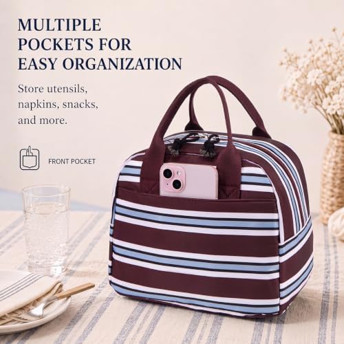 LOVELYWIND Lunch Box for Women, Insulated Lunch Bag, Burgundy Stripe Tote