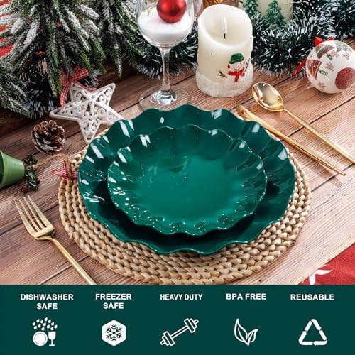 LIYH 50 Pcs Christmas Plastic Plates - Green Scalloped Plates Unbreakable