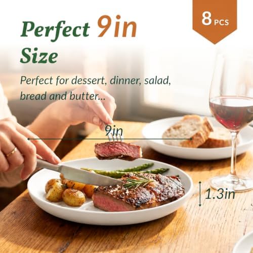 Homienly Wheat Straw Plates Set of 8 Unbreakable Microwave and Dishwasher Safe Plates for Dessert Lightweight Dinner Plates for Kitchen, Camping, Picnic, RV, Stackable Salad Plates (9 inch, White)