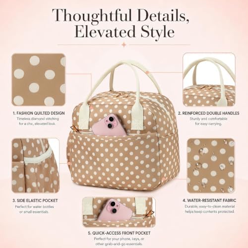 CAMTOP Lunch Box for Women Men Insulated Lunch Bag Lunch Tote Bag Leakproof Thermal Cooler Large Capacity for Travel Work School Picnic (Polka Dot Brown, Medium)