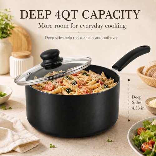 MICHELANGELO Nonstick Saucepan with Lid, Ceramic Sauce Pan Sets, Easy to Clean Sauce Pans, Multi-Purpose Cooking Pots, 4QT, Black