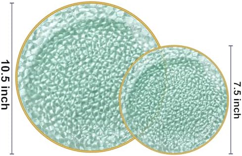 Rubtlamp 60 Green Plastic Plates, Hammered Clear and Gold Disposable Plates, Grenn Disposable Plates Include 30 Dessert Platos, 30 Dinner Platos for Party