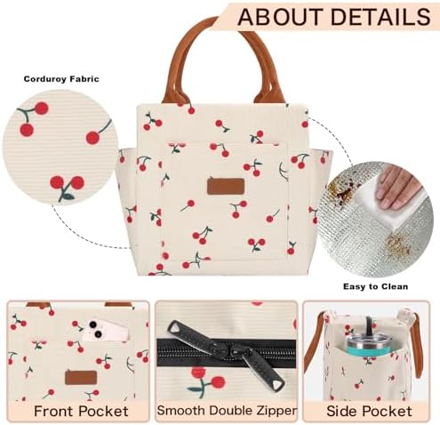 Joymee Lunch Bag Women Leakproof Cute Reusable Lunch Bag - Corduroy Cherry